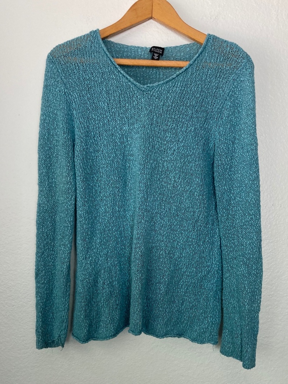 EILEEN FISHER Linen Blend V-Neck Open Weave Sz Large Long Sleeve